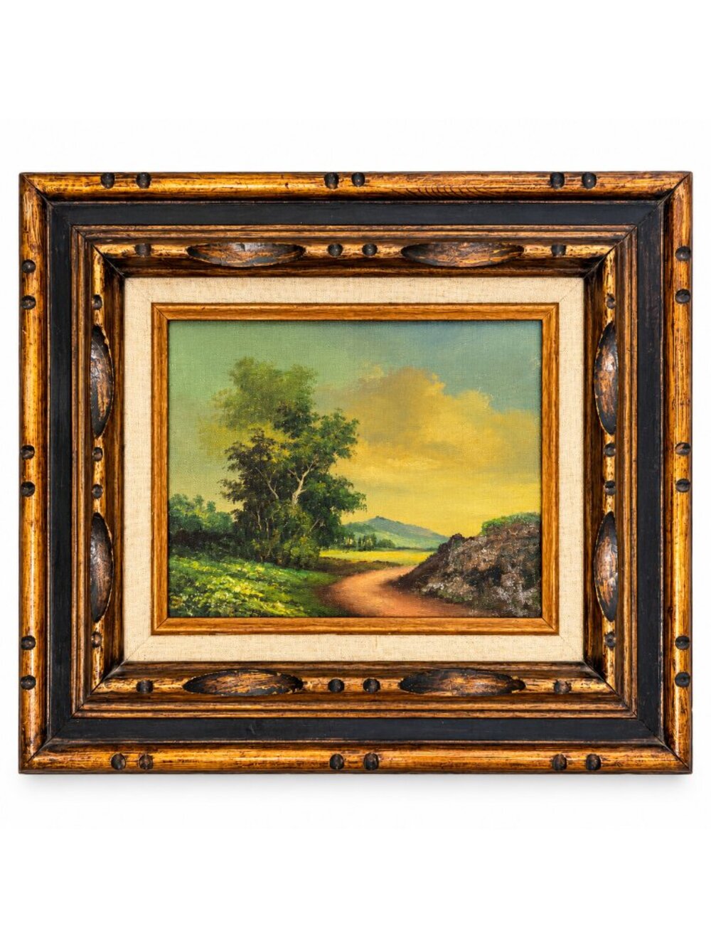 Vintage MCM Framed Landscape Painting Country Road Trees Rustic Wood Frame 19x16